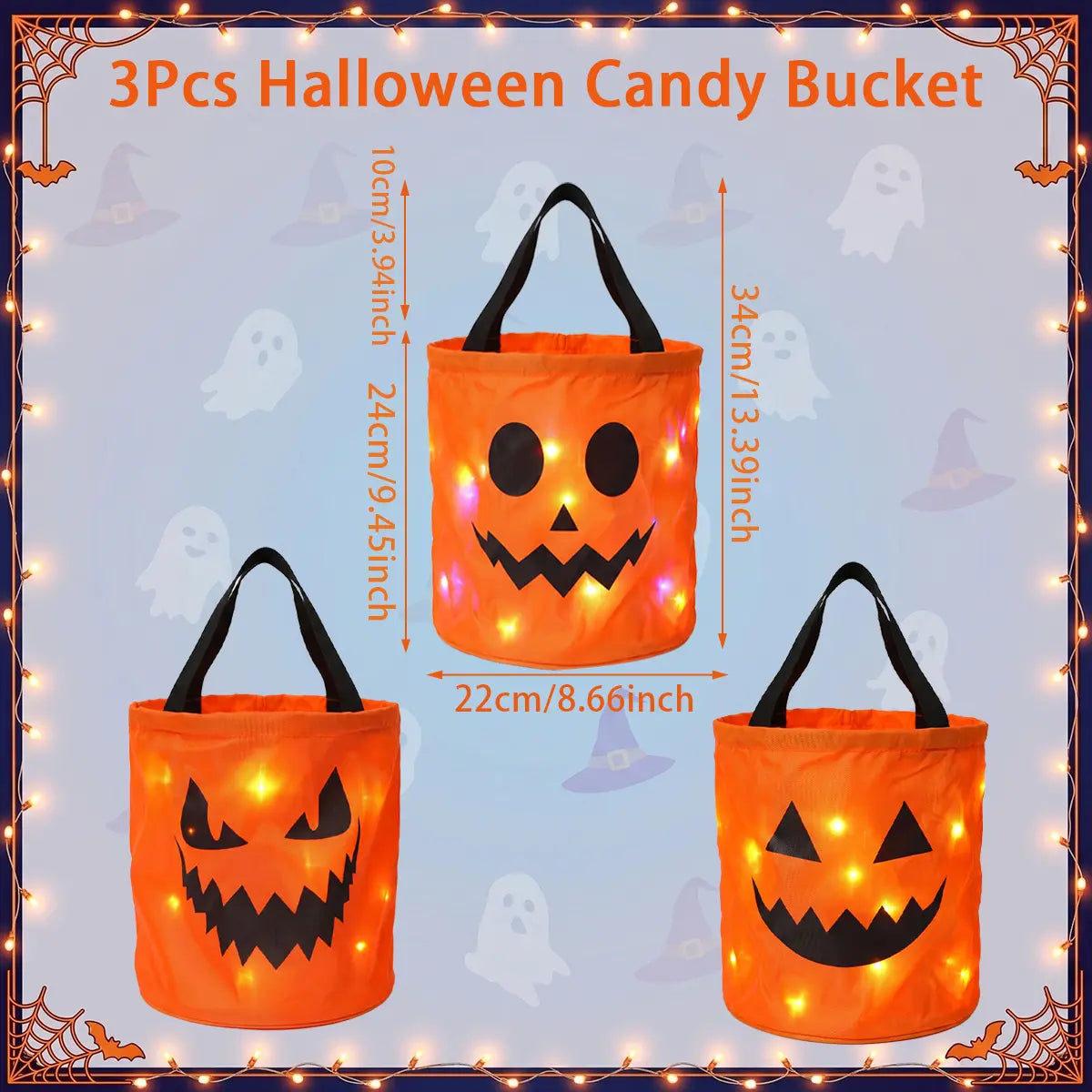 Halloween Candy Buckets with LED Lights - 3/4 Set for Trick or Treat