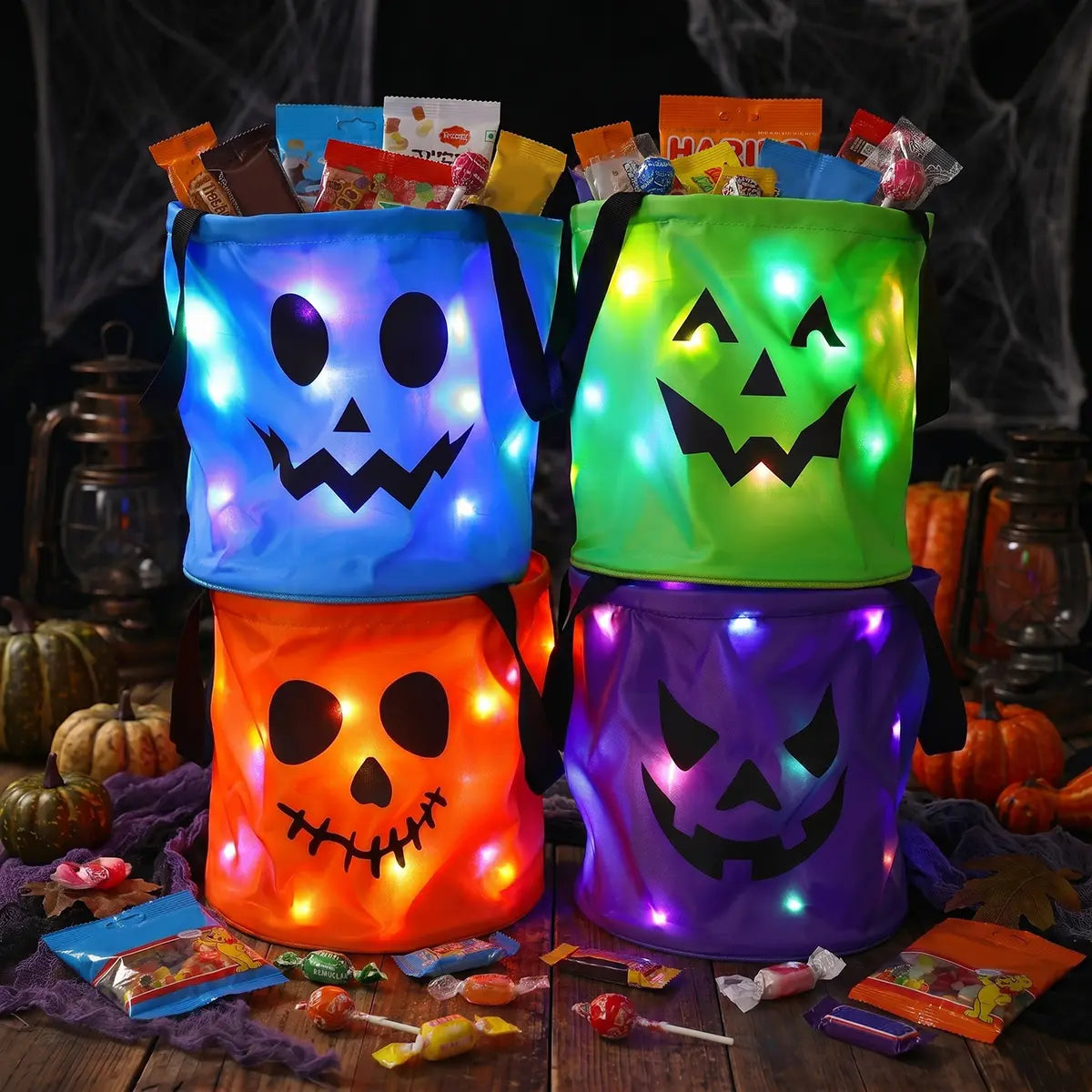 Halloween Candy Buckets with LED Lights - 3/4 Set for Trick or Treat