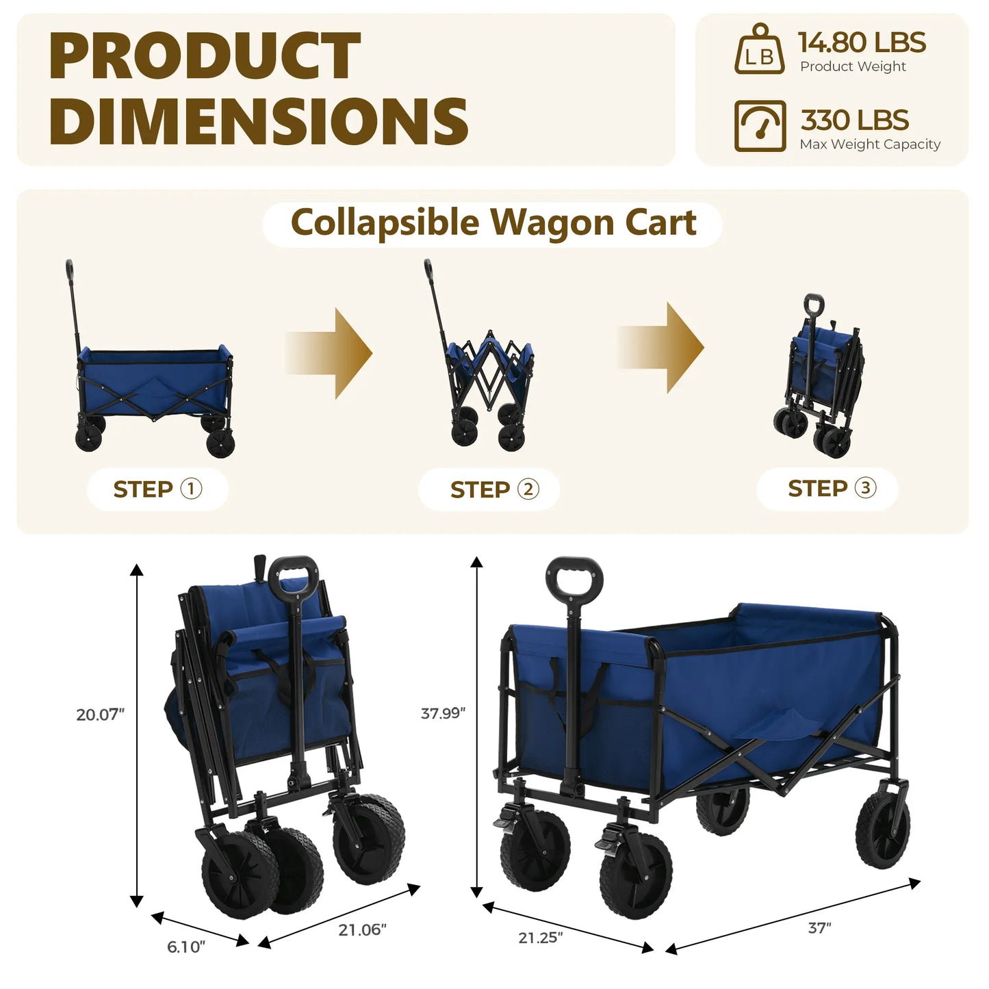 Heavy Duty Collapsible Utility Wagon 440lbs with All Terrain Wheels
