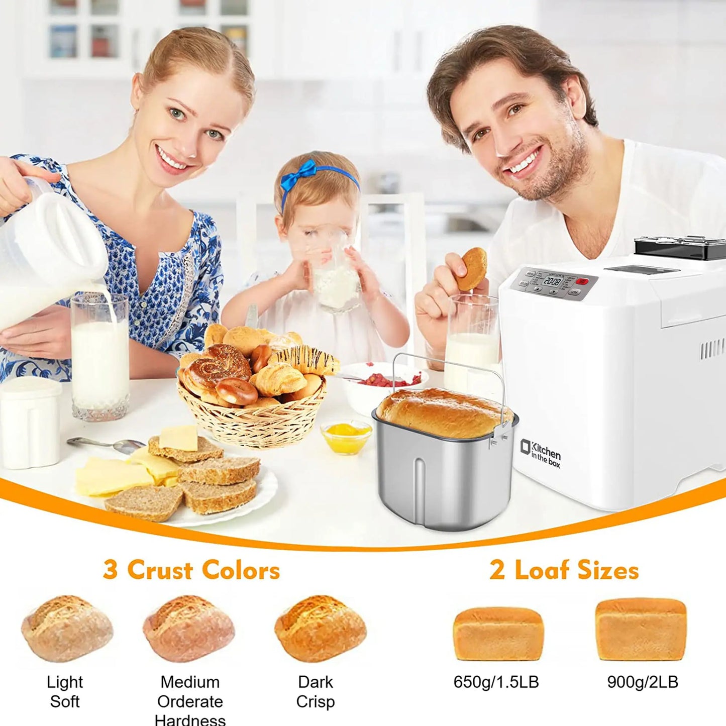 Automatic Bread Maker, Up to 2LB, 12-in-1 Bread Machine with Auto Fruit Nut Dispenser, 13 H Timer, 1 H Keep Warm, Gluten-Free, 3 Crust Colors,