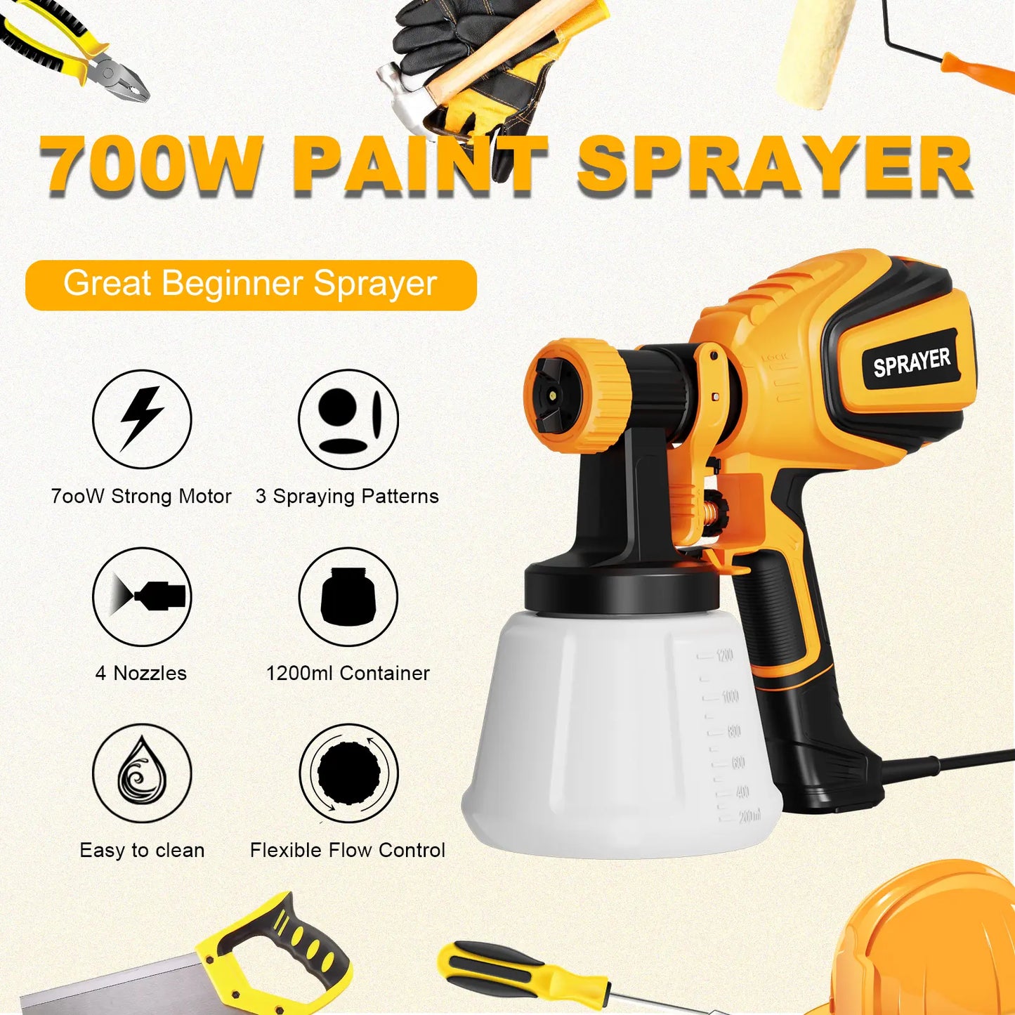 VONFORN 700W HVLP Paint Sprayer with 4 Nozzles & Patterns