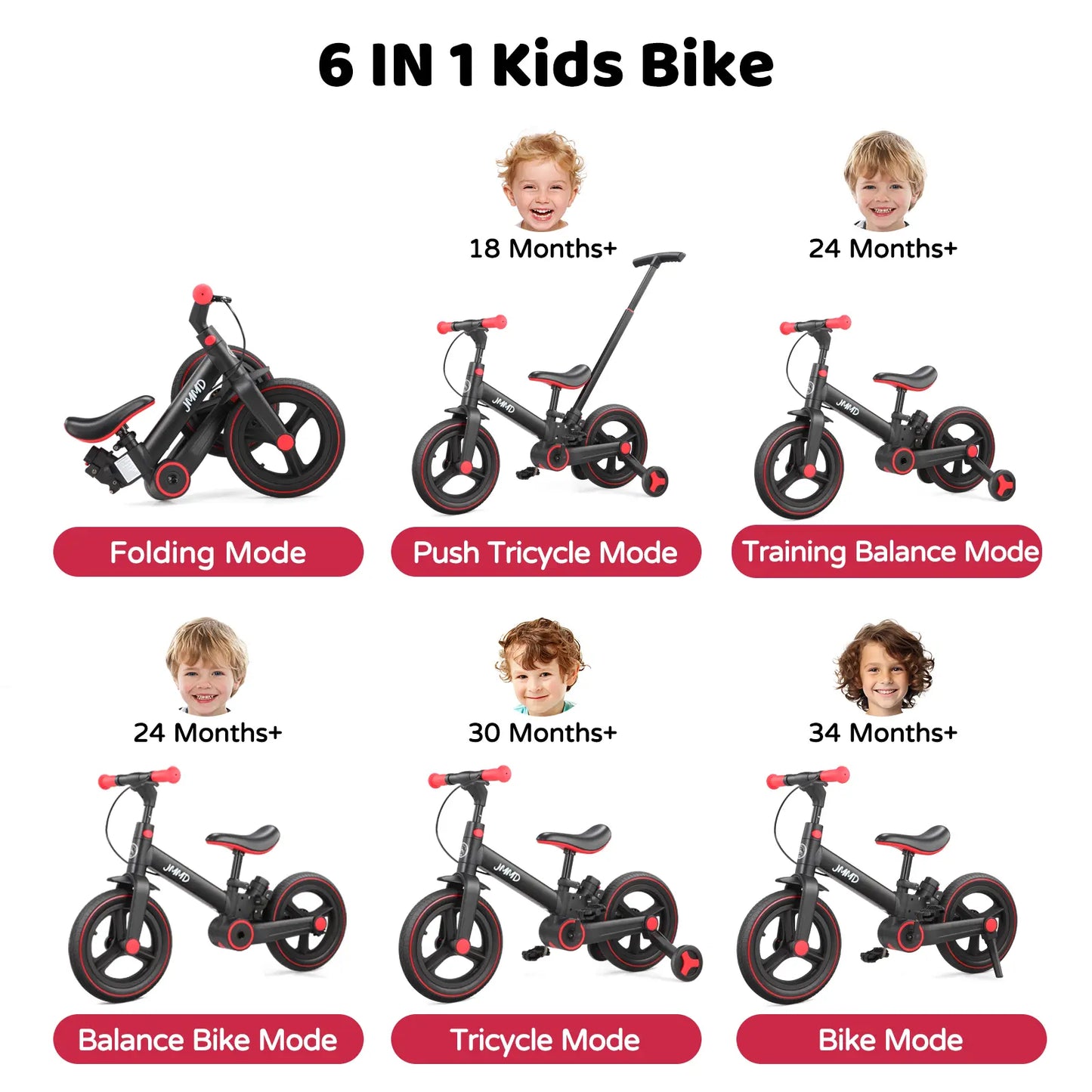 JMMD 6-in-1 Multi-Functional Toddler Bike for Kids