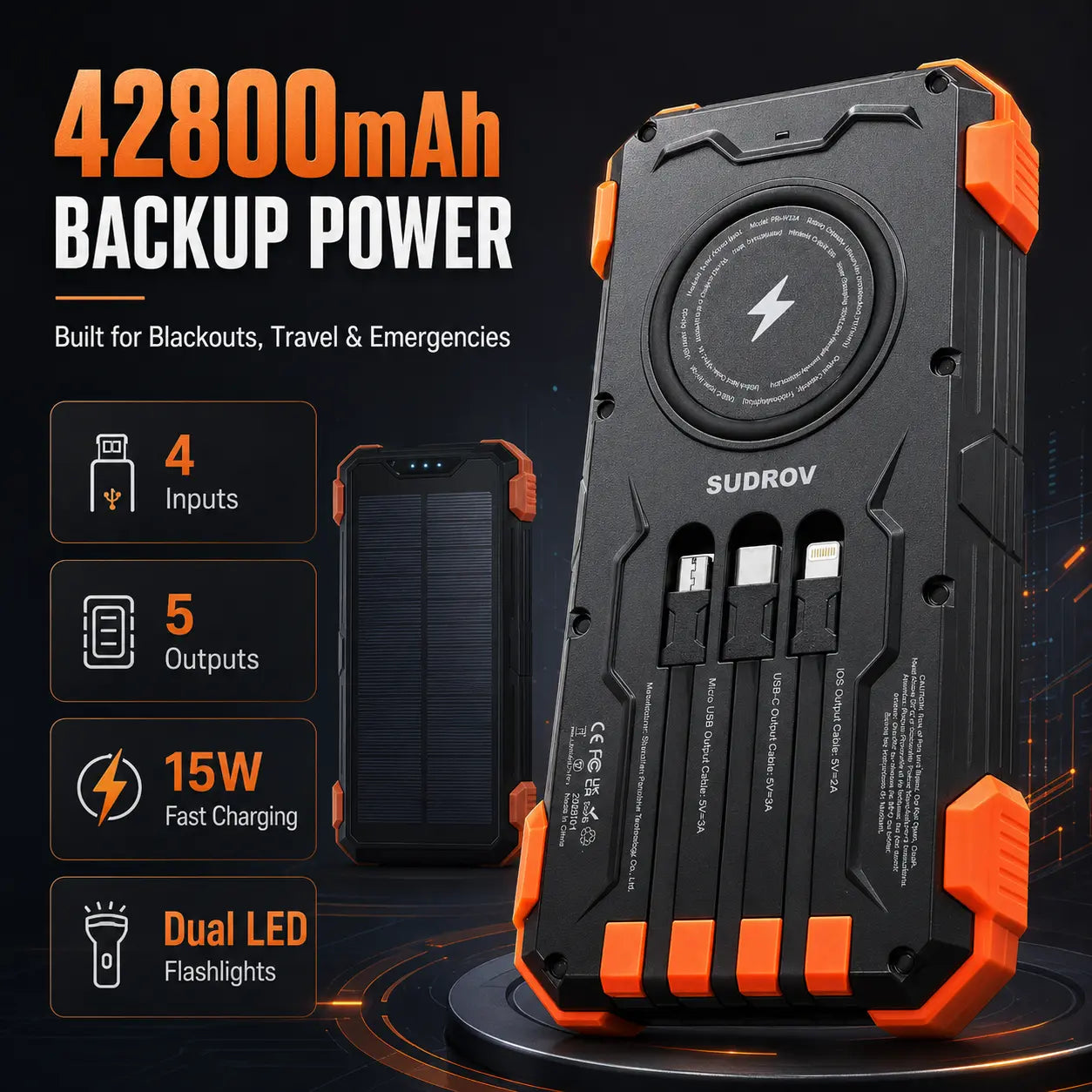 Sudrov 42800mAh Solar Power Bank with 7 Outputs