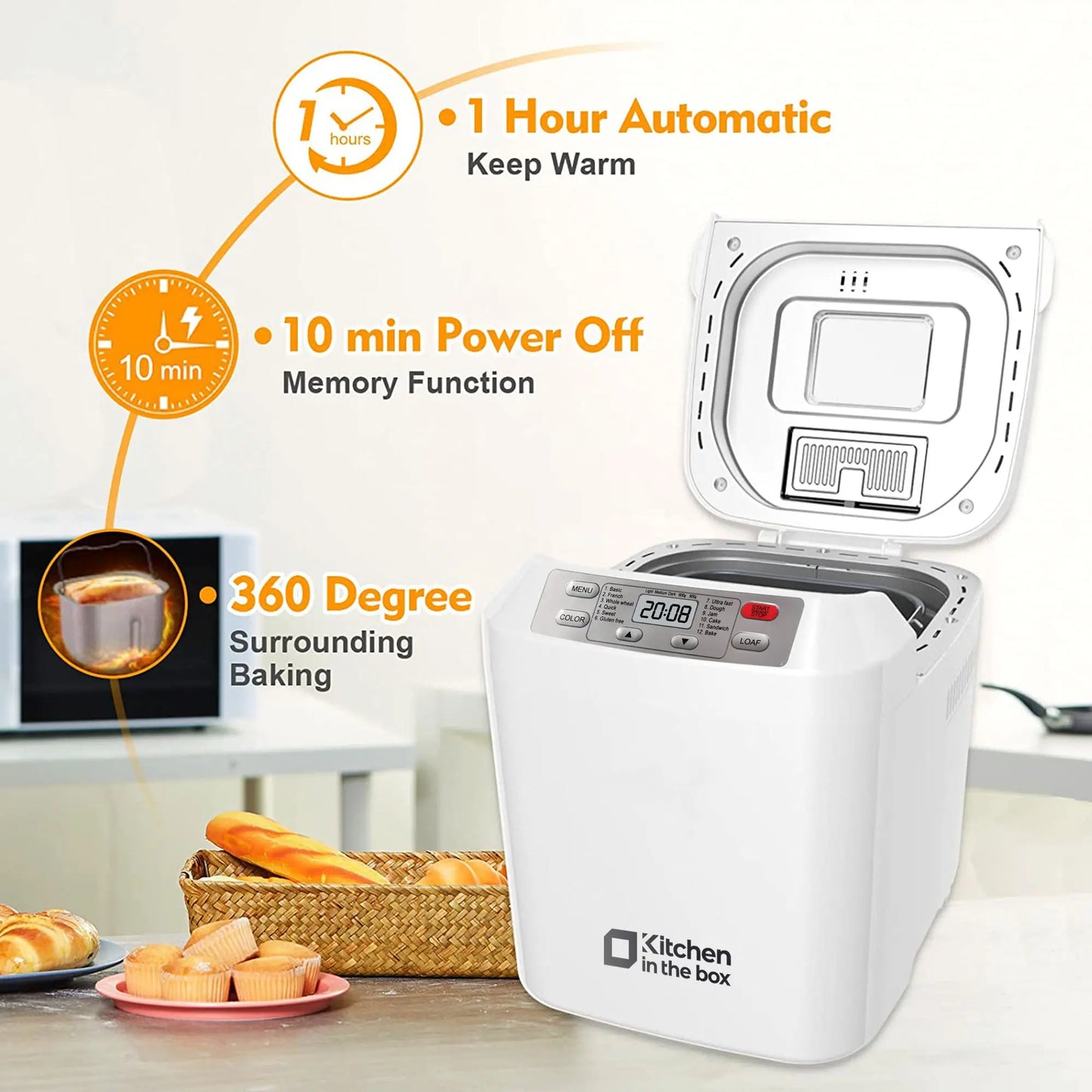 Automatic Bread Maker, Up to 2LB, 12-in-1 Bread Machine with Auto Fruit Nut Dispenser, 13 H Timer, 1 H Keep Warm, Gluten-Free, 3 Crust Colors,