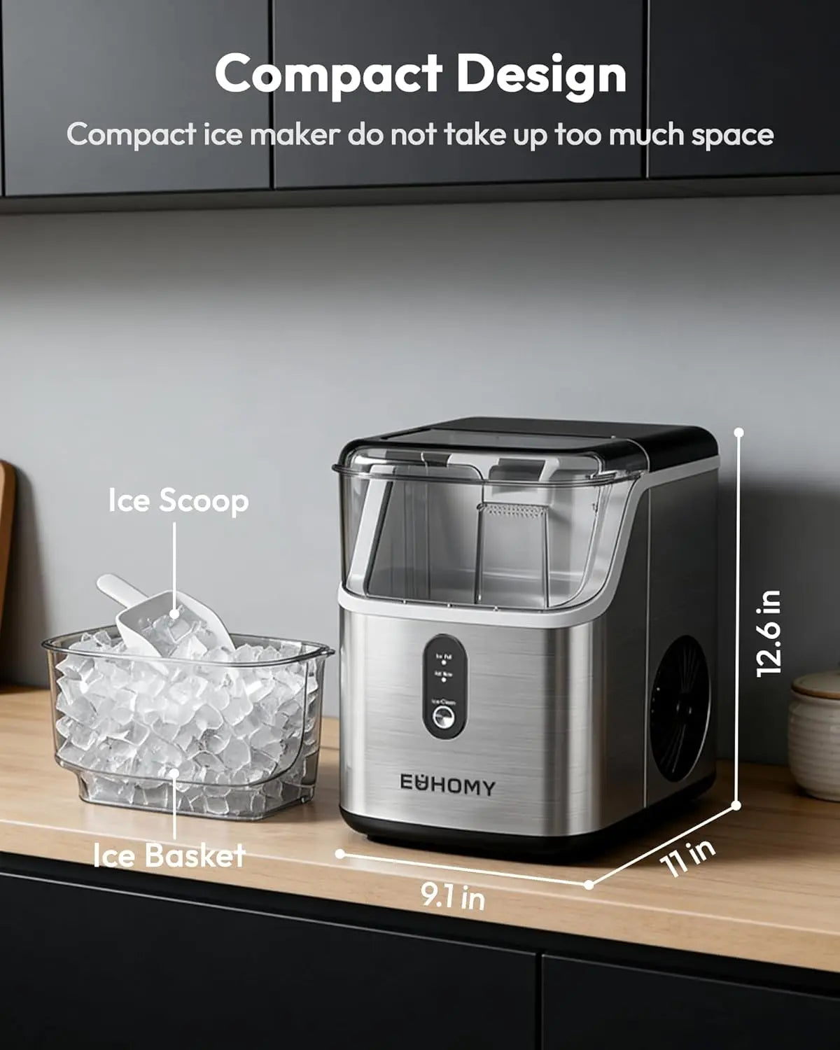 EUHOMY Nugget Ice Maker - Countertop Soft Ice Machine