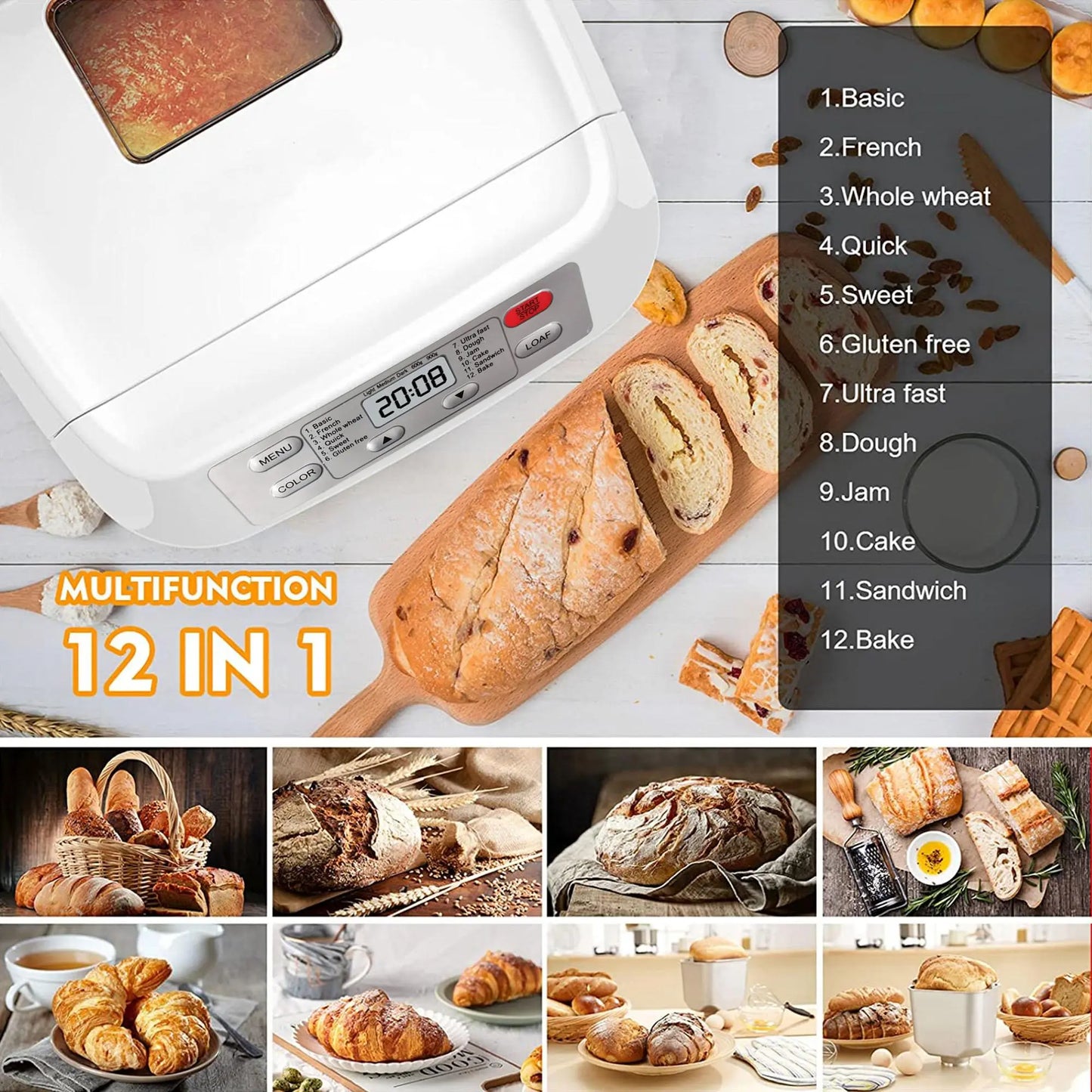 Automatic Bread Maker, Up to 2LB, 12-in-1 Bread Machine with Auto Fruit Nut Dispenser, 13 H Timer, 1 H Keep Warm, Gluten-Free, 3 Crust Colors,
