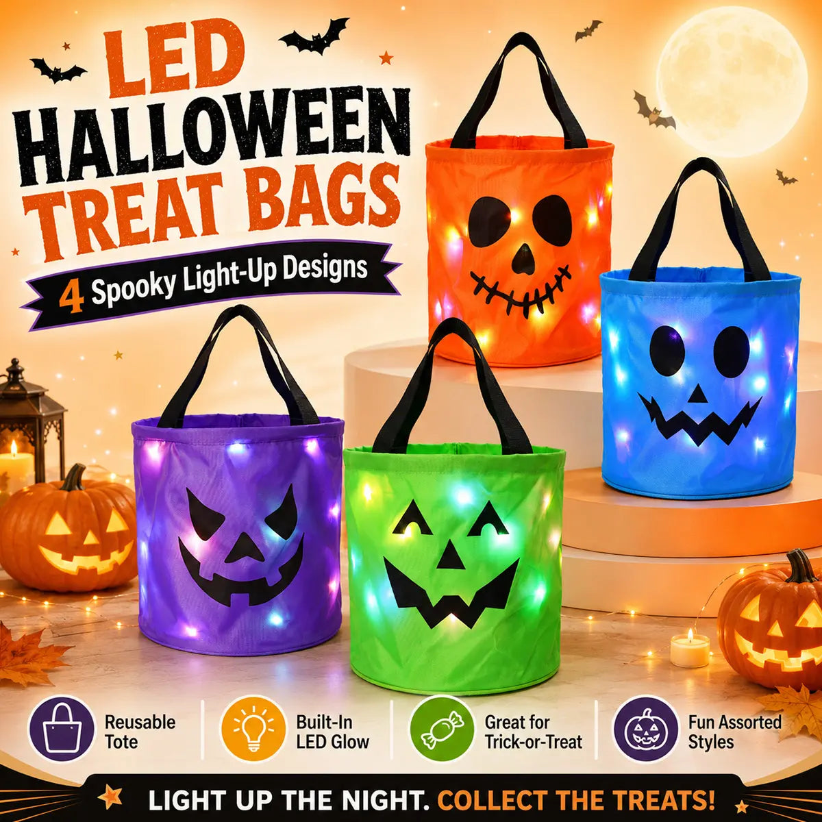 Halloween Candy Buckets with LED Lights - 3/4 Set for Trick or Treat