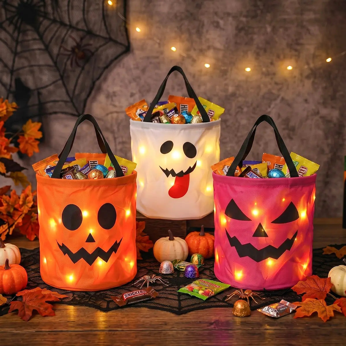 Halloween Candy Buckets with LED Lights - 3/4 Set for Trick or Treat