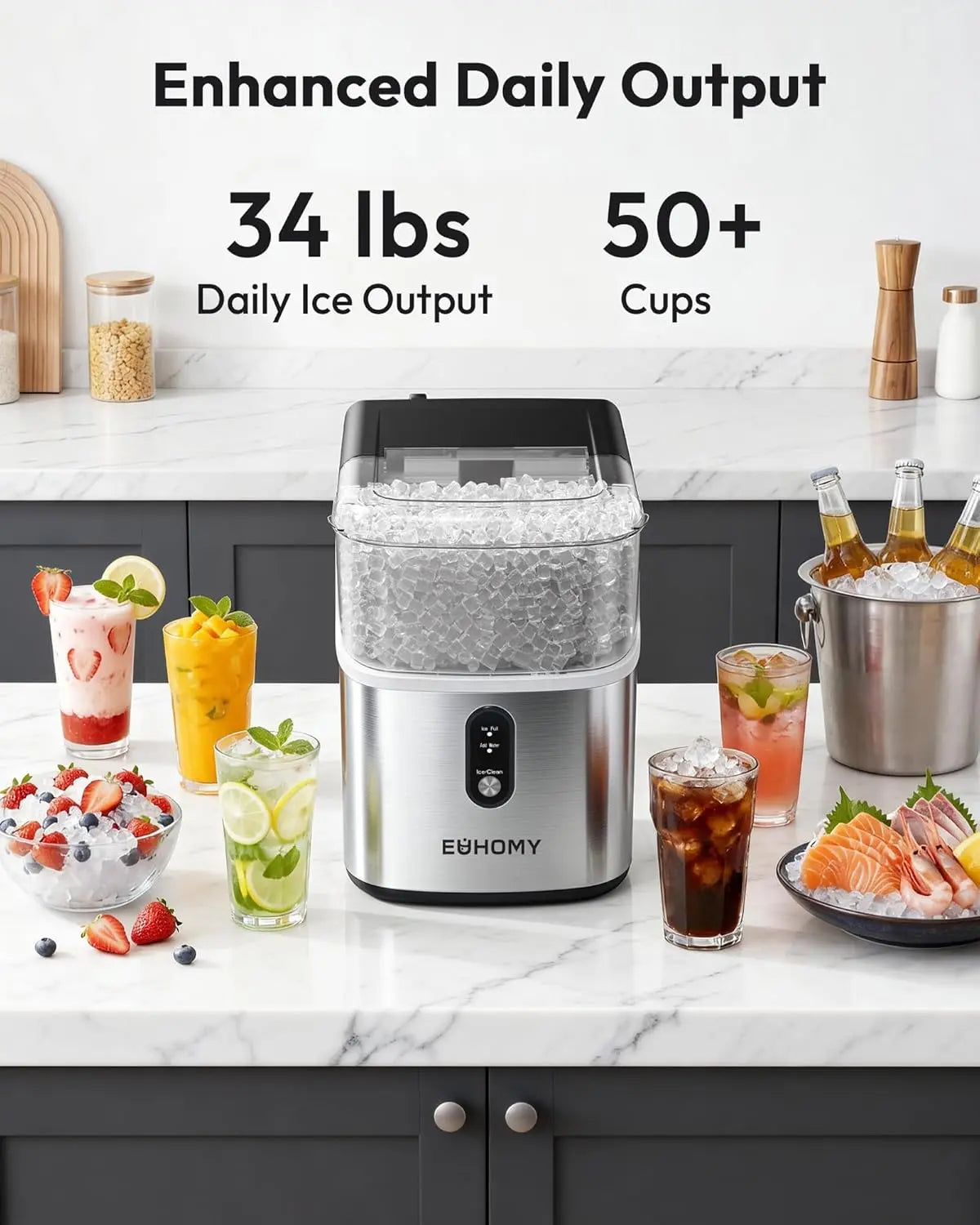 EUHOMY Nugget Ice Maker - Countertop Soft Ice Machine
