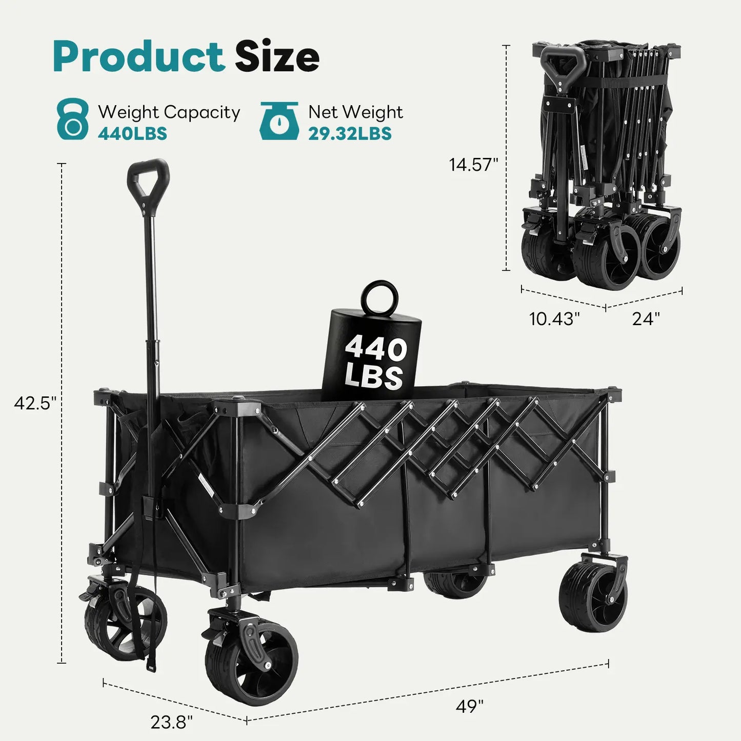 Heavy Duty Collapsible Utility Wagon 440lbs with All Terrain Wheels