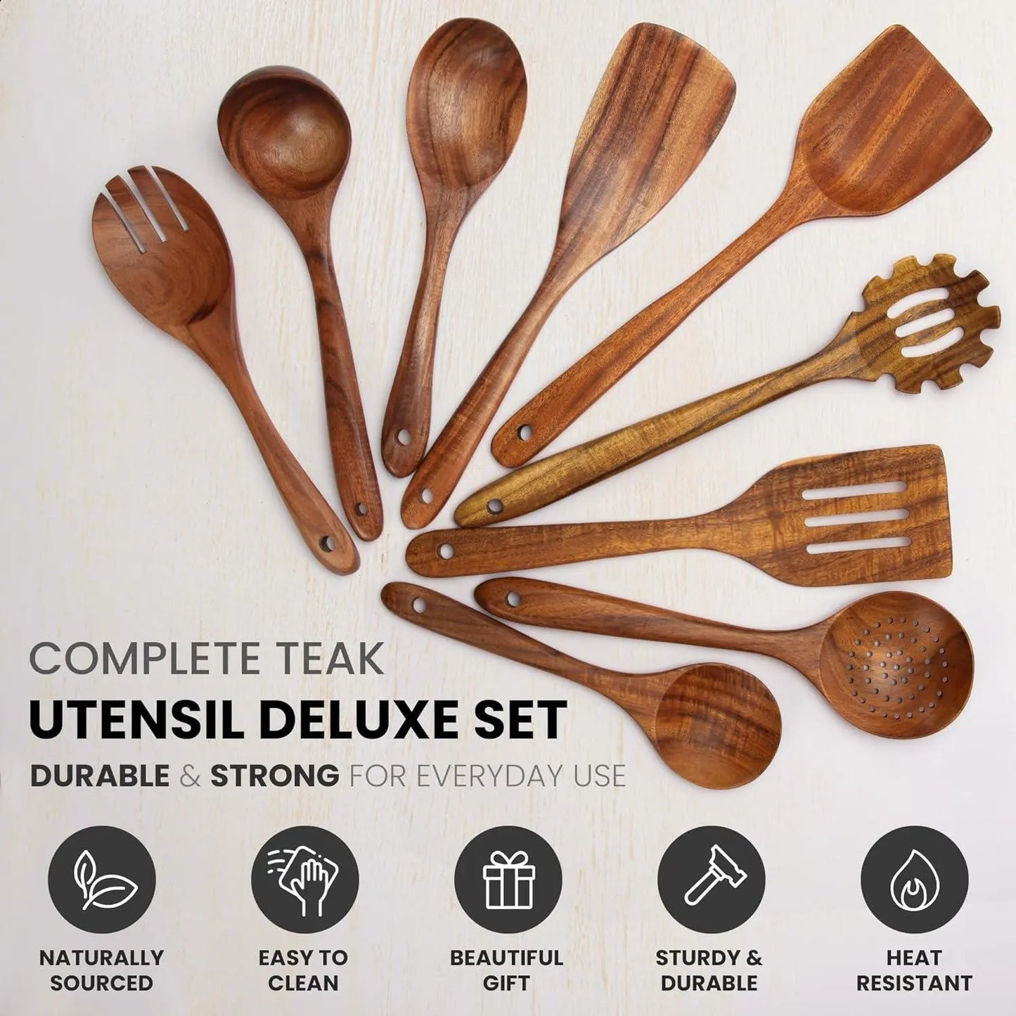 Teak Wood Kitchen Utensil Set 9-Piece for Nonstick