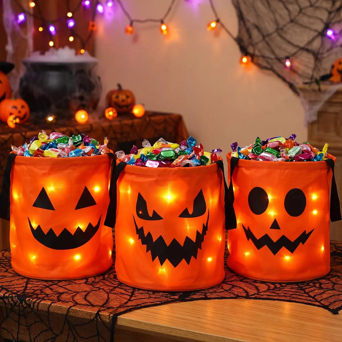 Halloween Candy Buckets with LED Lights - 3/4 Set for Trick or Treat