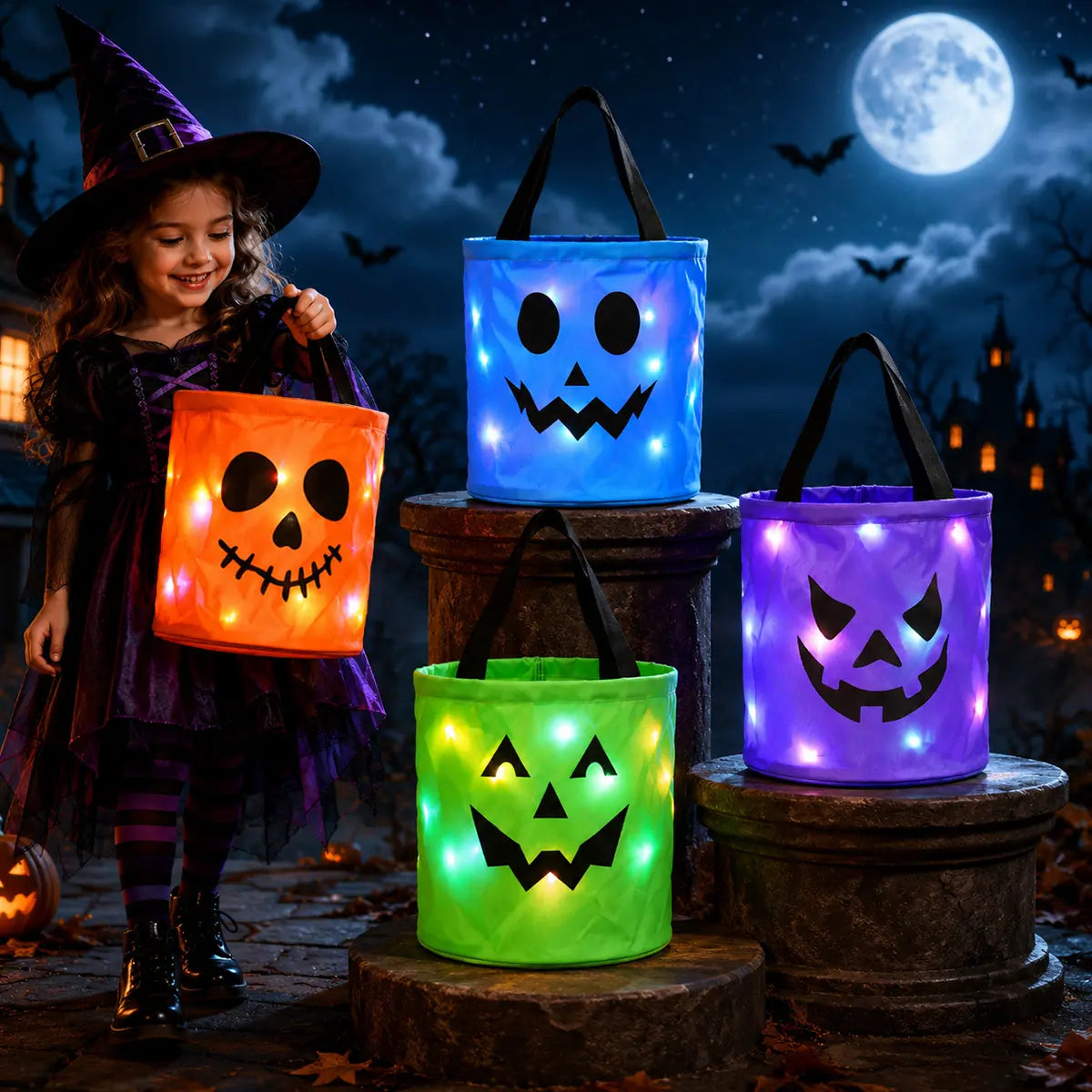 Halloween Candy Buckets with LED Lights - 3/4 Set for Trick or Treat