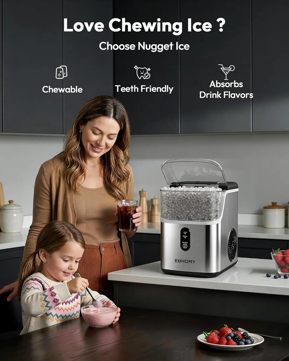 EUHOMY Nugget Ice Maker - Countertop Soft Ice Machine