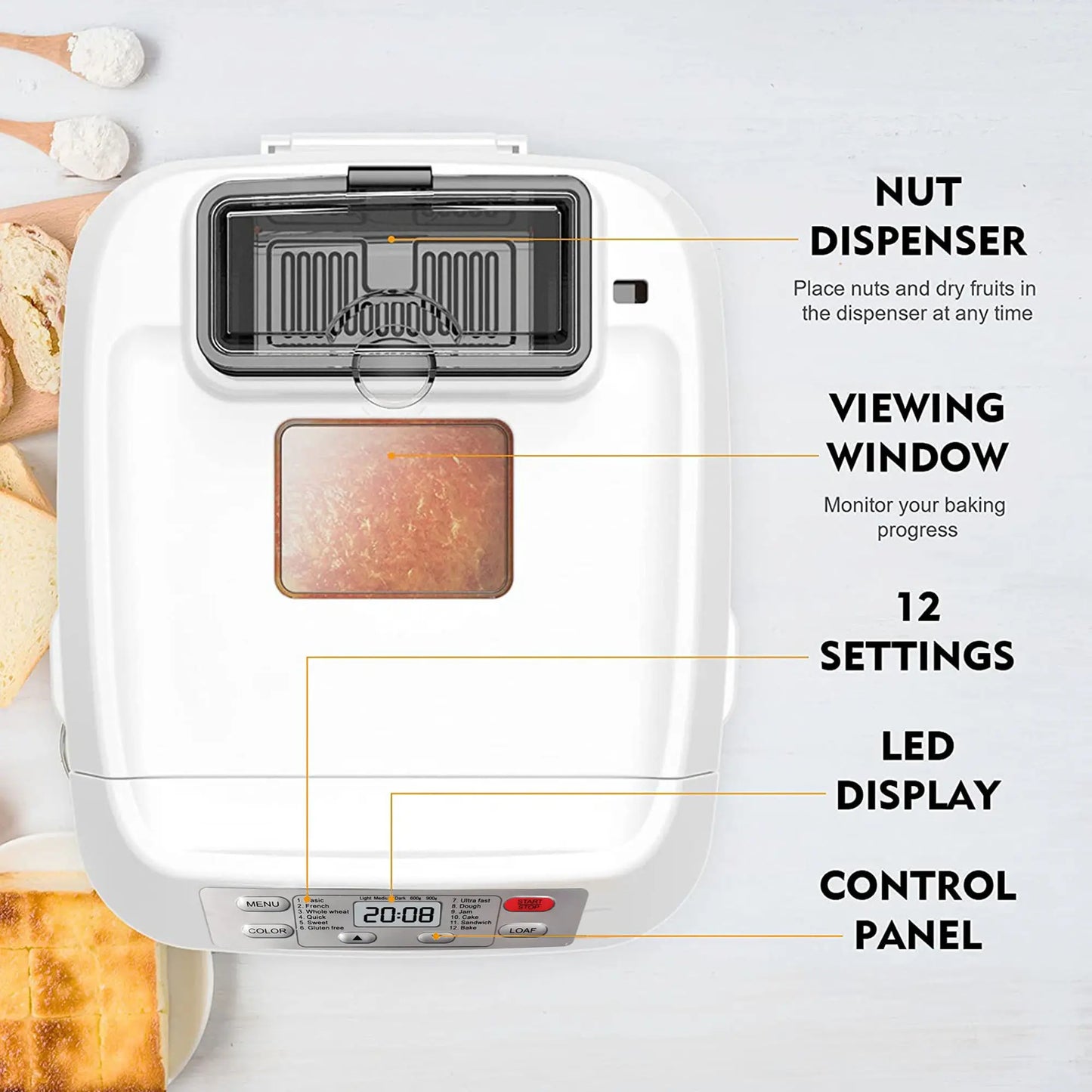 Automatic Bread Maker, Up to 2LB, 12-in-1 Bread Machine with Auto Fruit Nut Dispenser, 13 H Timer, 1 H Keep Warm, Gluten-Free, 3 Crust Colors,