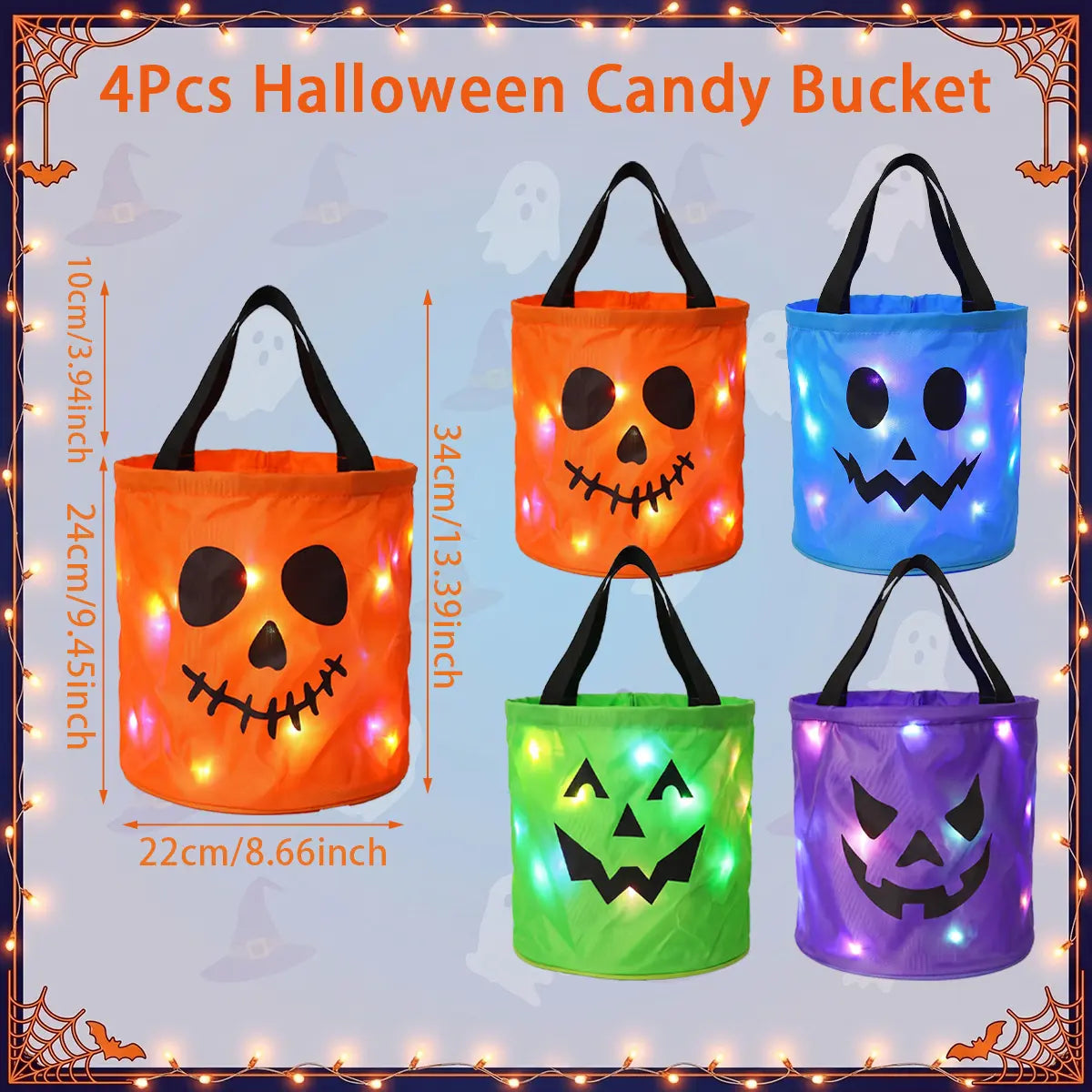 Halloween Candy Buckets with LED Lights - 3/4 Set for Trick or Treat