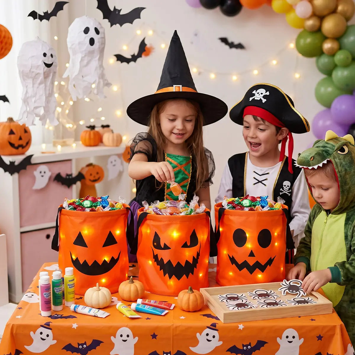 Halloween Candy Buckets with LED Lights - 3/4 Set for Trick or Treat