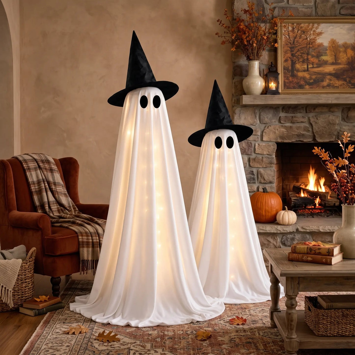 2Packs Halloween Decorations Outdoor, Halloweens Party Decoration Indoor, Spooky Ghost With Remote Control String Lights, Halloween-Ghost Lights For Porches Yards Gardens Lawn