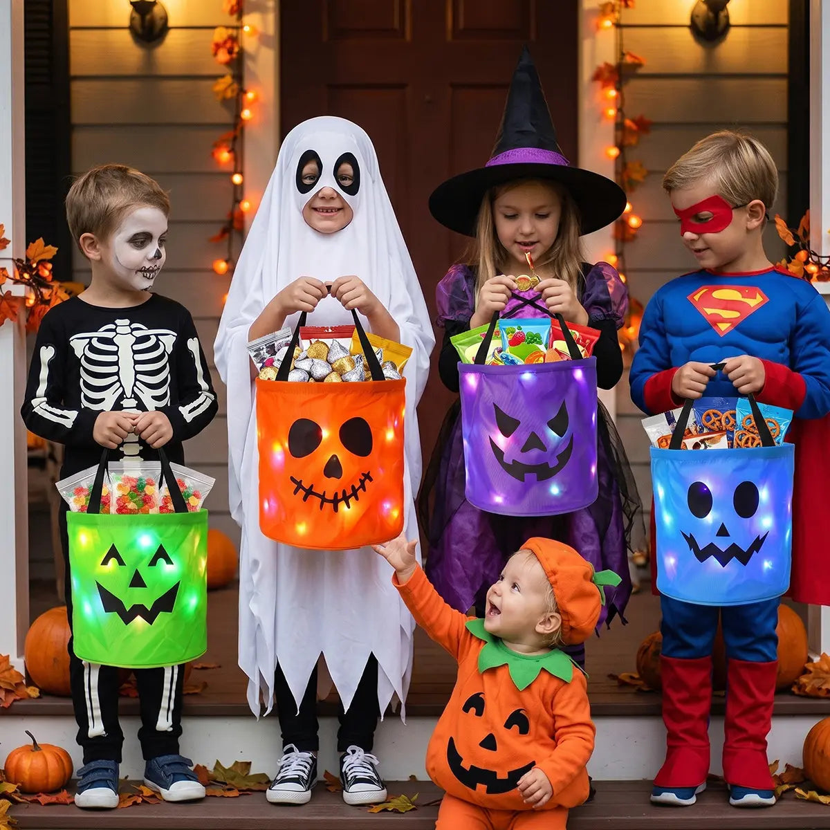 Halloween Candy Buckets with LED Lights - 3/4 Set for Trick or Treat