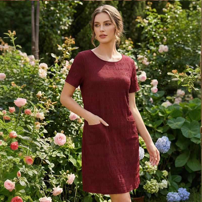 ⌛Limited-time Offer👗 Women's Round Neck Textured Knee-Length Dress- Made For Everyday Life✨